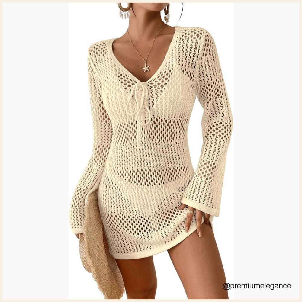 Large Long Sleeve Crochet Coverup V Neck Beach Dress Recycled Material